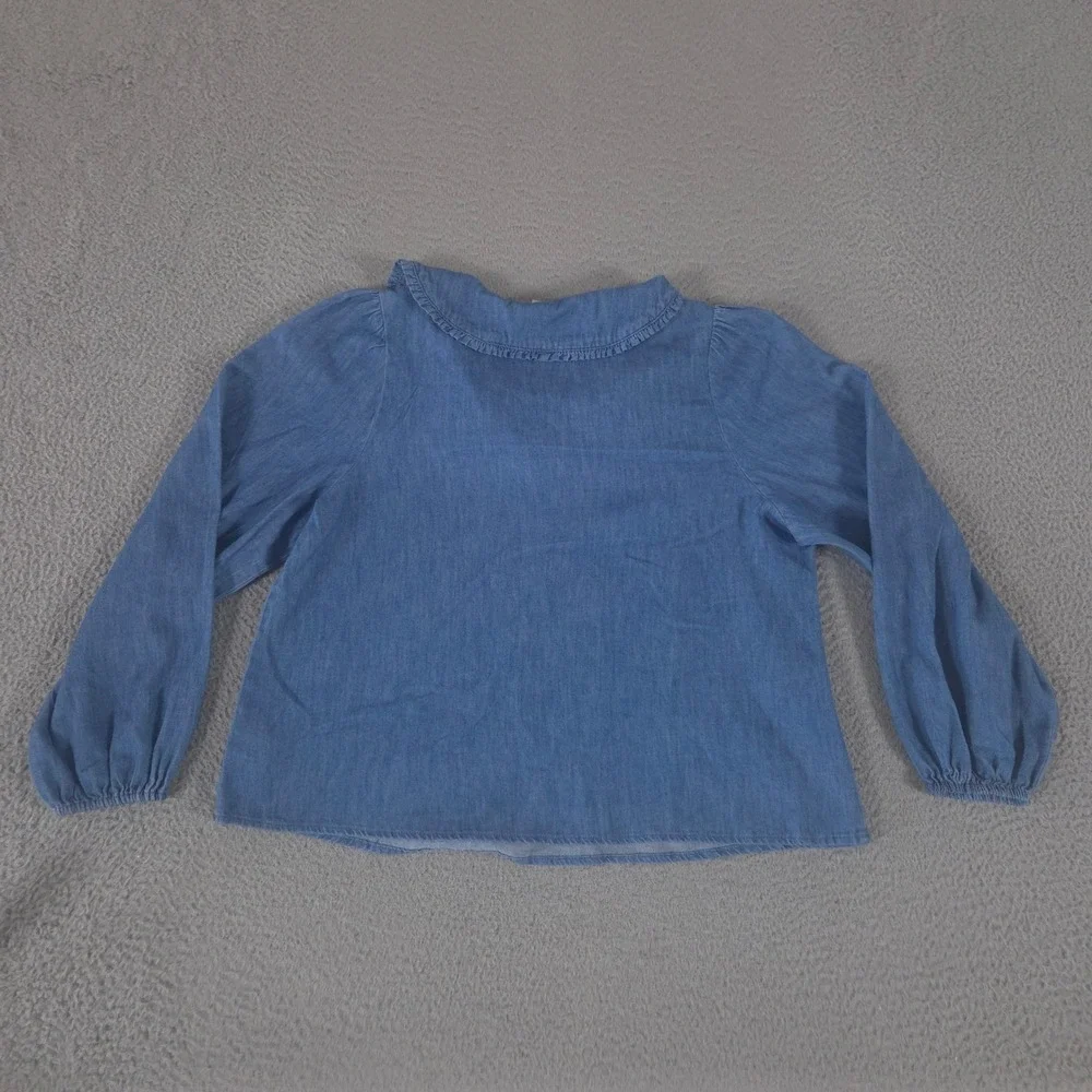 Old Navy Top Womens Medium Blue Ruffle-Collar Chambray Cotton Puff Sleeve Tie